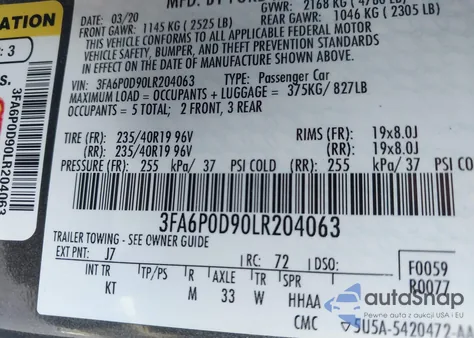 2020 Ford Fusion Titanium z USA, uszkodzony, nr VIN 3FA6P0D90LR204063